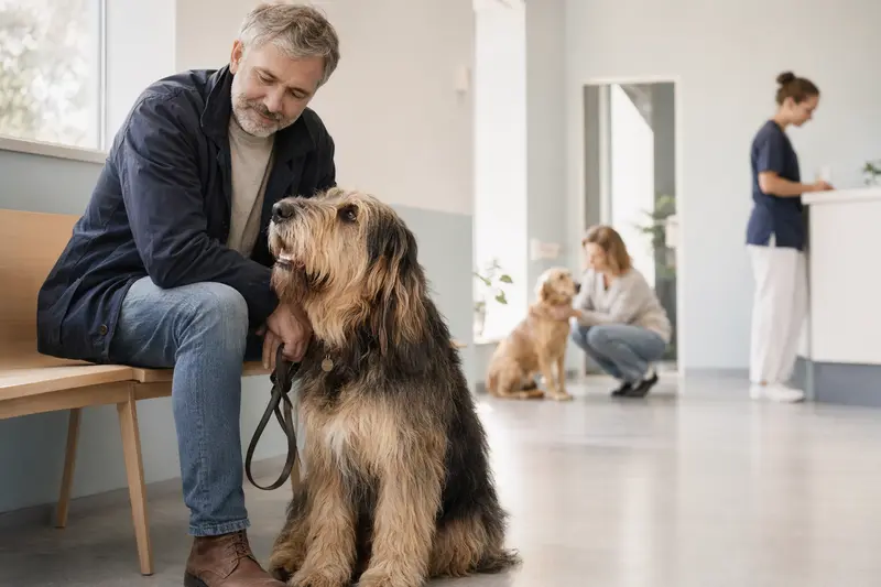 Ein Otterhound sitzt ruhig neben seinem Besitzer im hellen Wartezimmer einer modernen Tierarztpraxis.